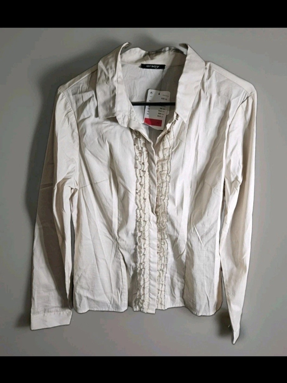 Orsay Women's Collared Button-Down Blouse Beige Ruffed Tuxedo Shirt Size M 8-10